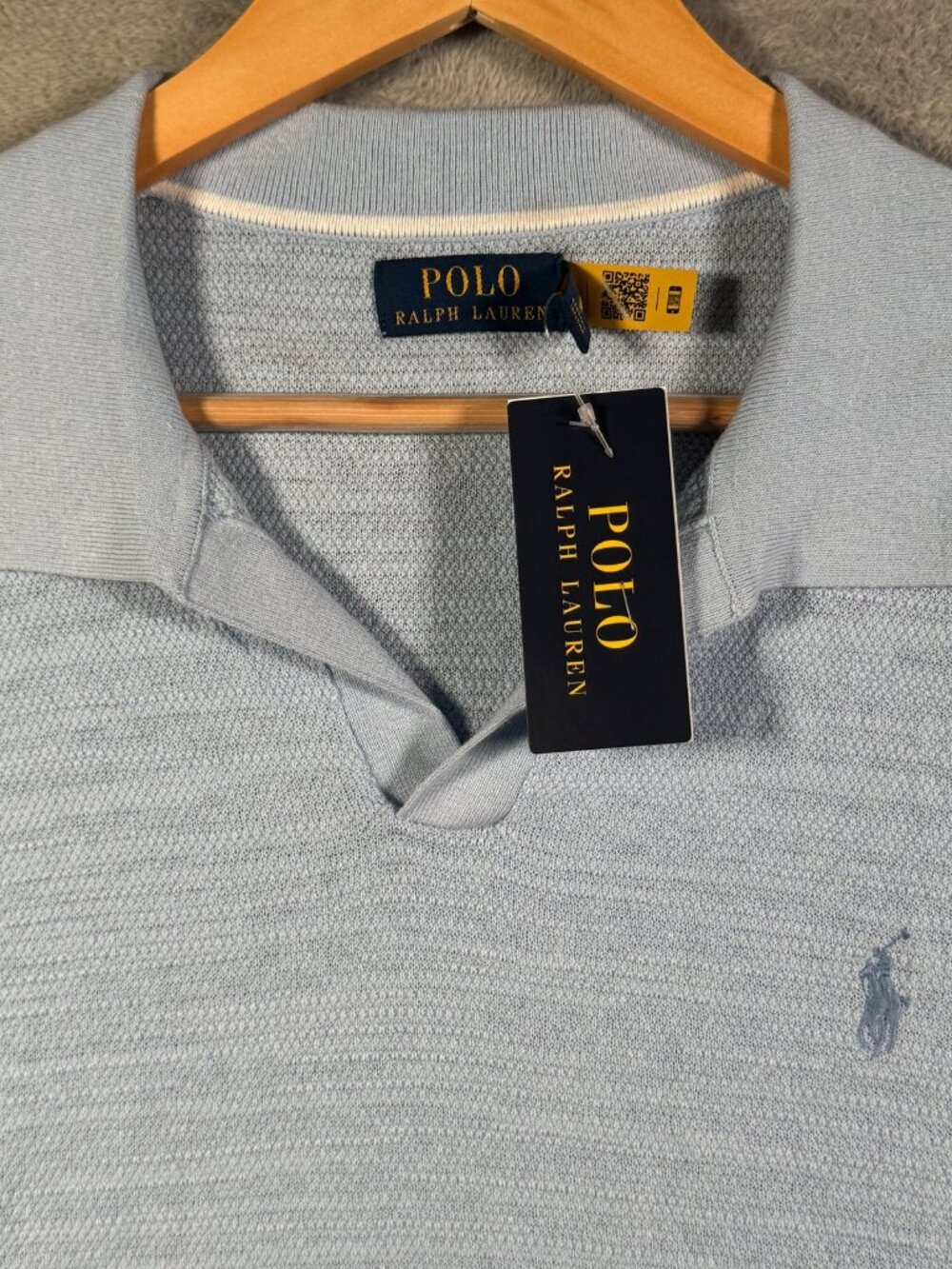 Polo Ralph Lauren Shirt Mens L Blue Linen Johnny Collar Knit Sweater $130